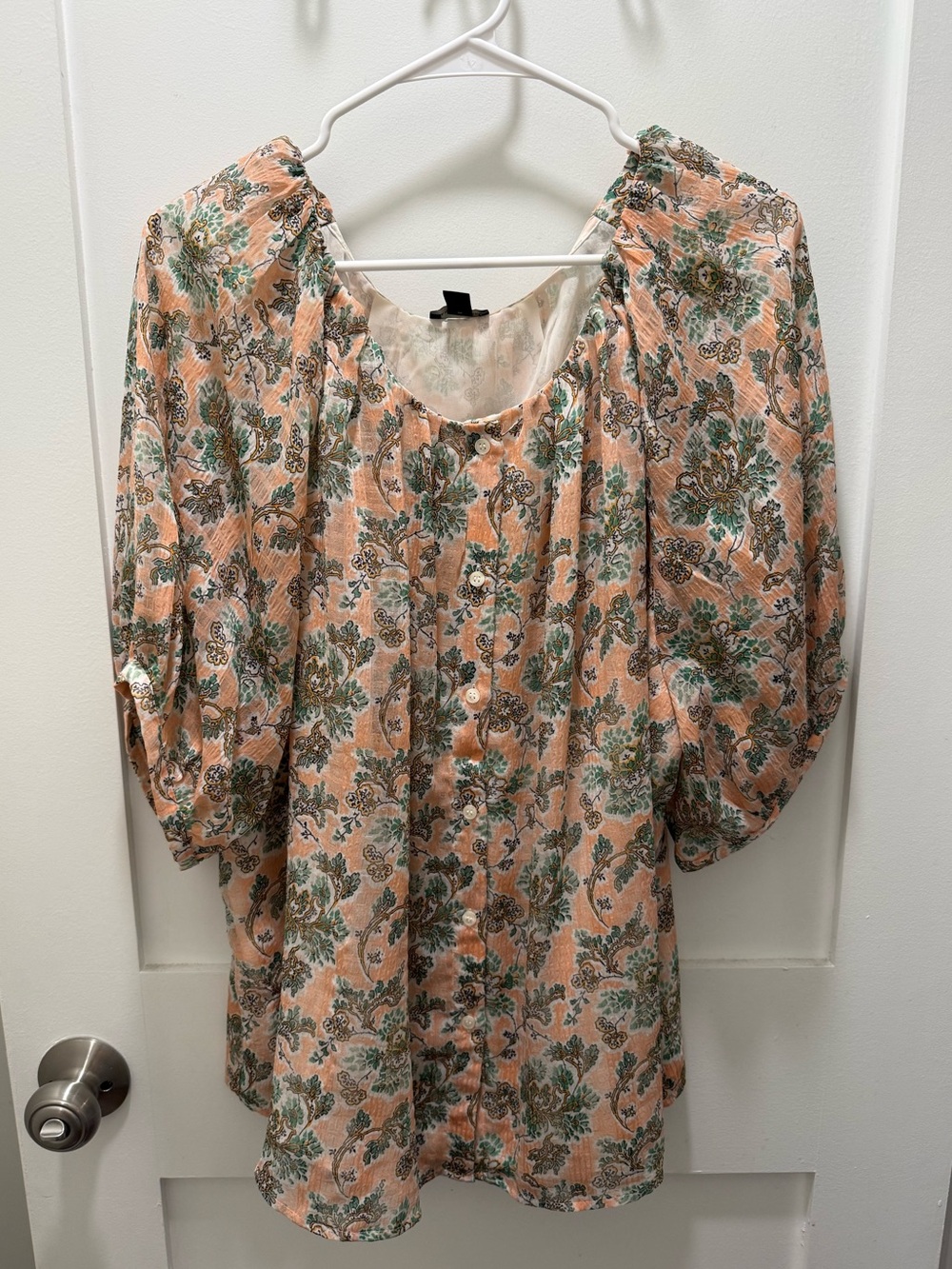 Ann Taylor Peach Floral Print Scoop Neck Puff Sleeve Sheer Lined Blouse